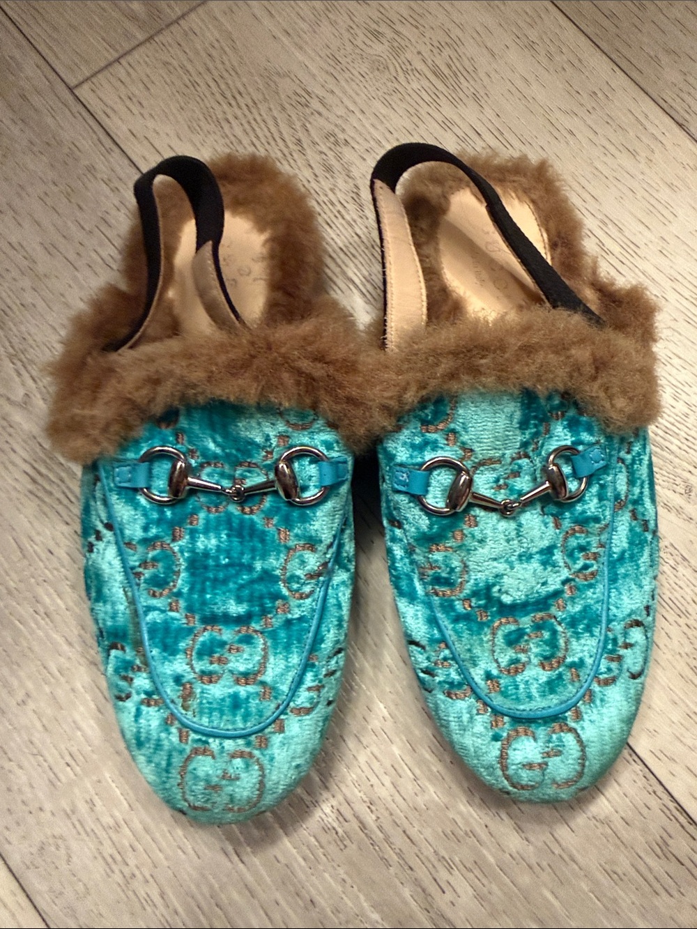 Gucci Teal Velvet Fur-Trim Horsebit Mules